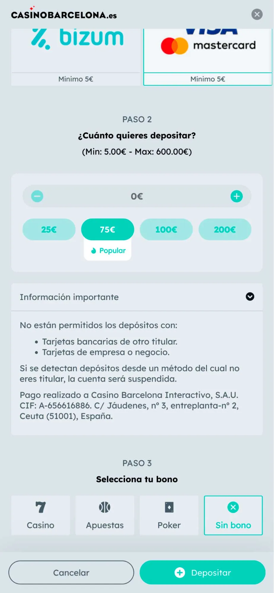 Pantalla de depósito de Casino Barcelona con la opción para seleccionar el bono de Casino, Apuestas o continuar sin bono. 