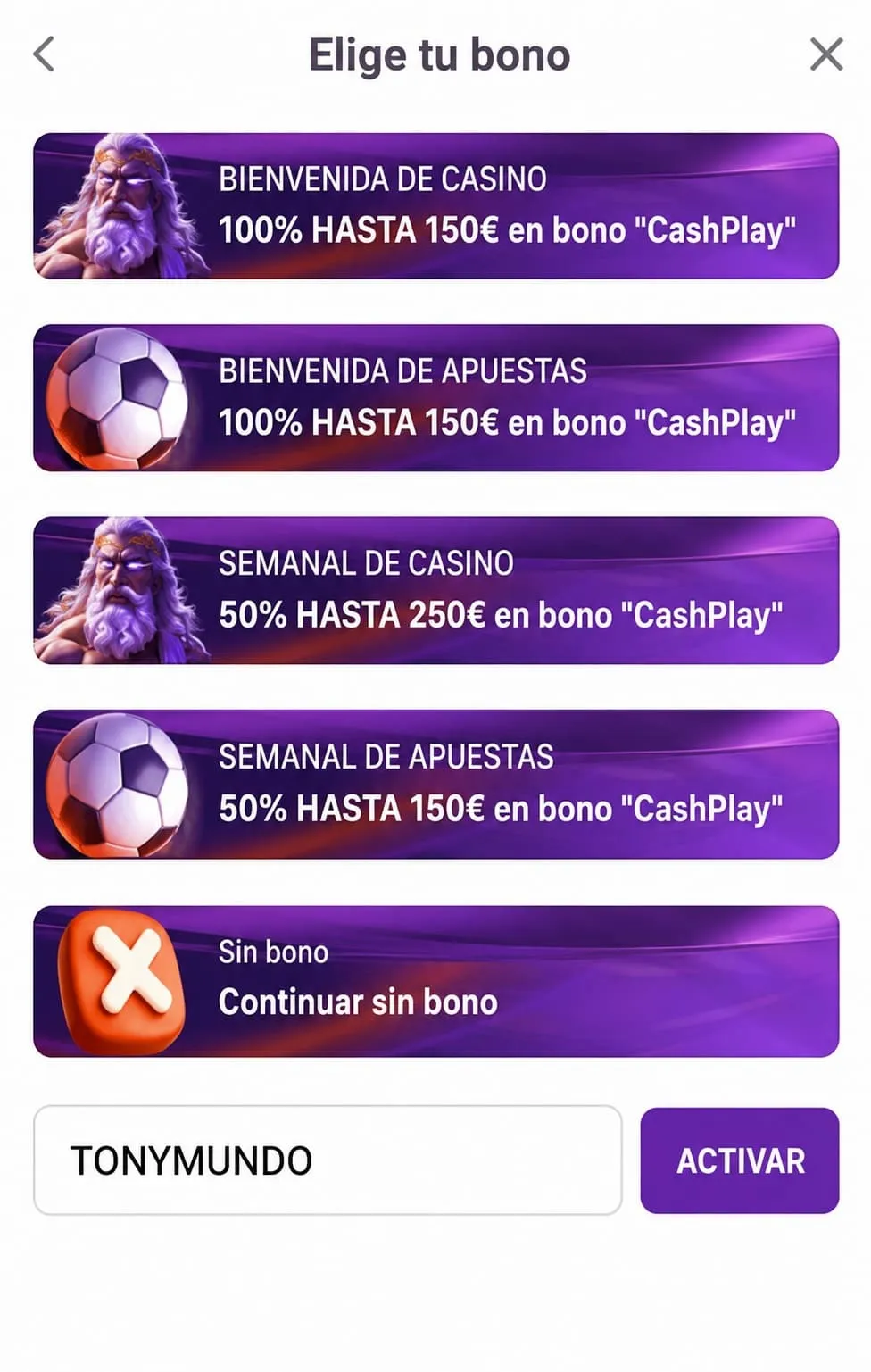 Pantalla de selección de bono en TonyBet