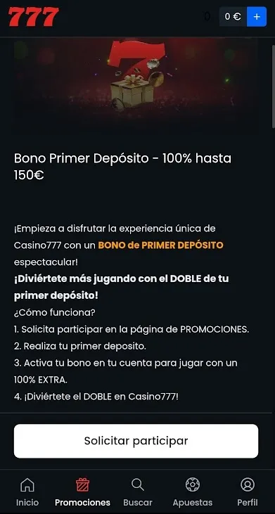 Captura del bono de primer depósito de Casino777
