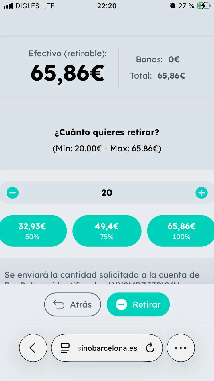 Pantalla de retirada de fondos en Casino Barcelona.