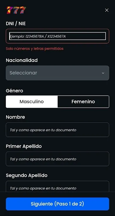 Primer paso del registro en el casino777
