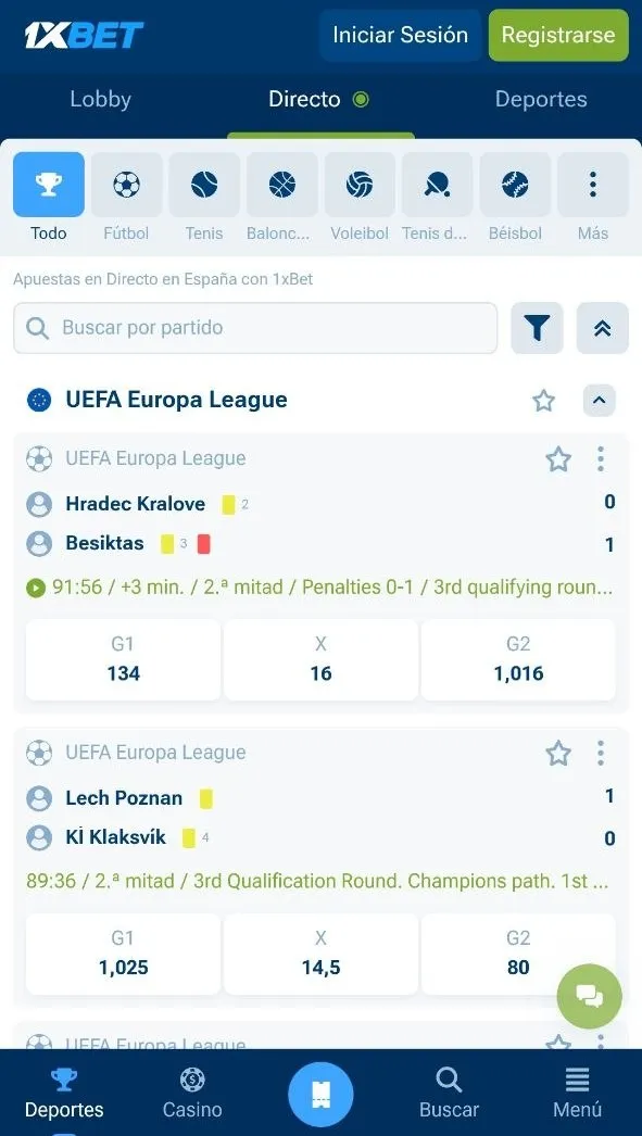 Retransmisión en directo en 1xBet