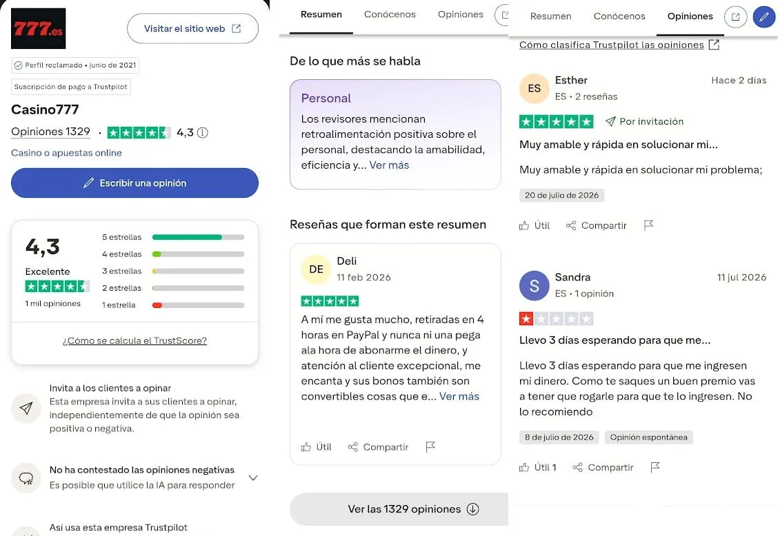 Perfil de Casino777 en Trustpilot con una valoración de 4,3 sobre 5 basada en 1.329 opiniones