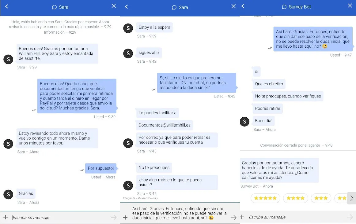 Consulta realizada al chat de William Hill, la conversación duró 19 minutos