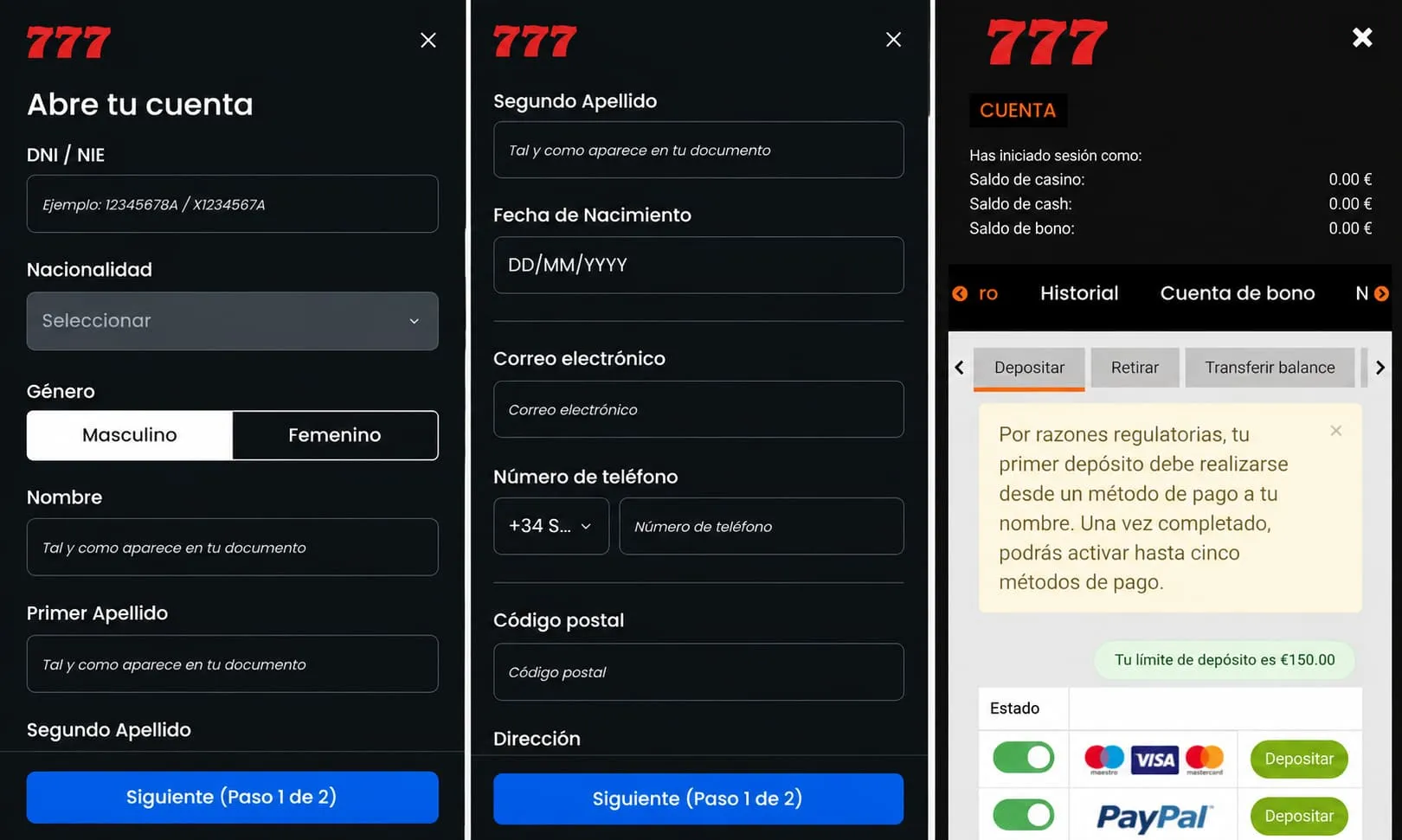 Formulario de registro de Casino777