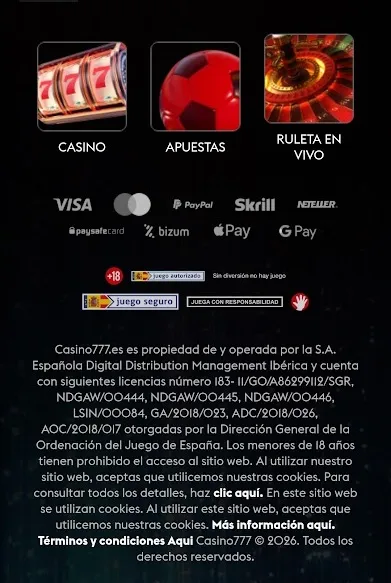 Licencias DGOJ y datos legales de Casino777 en España