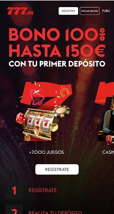 Pantalla de inicio con botón de ‘Regístrate’ en el casino777