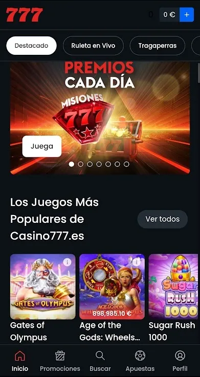 Versión móvil de Casino777 abierta desde un navegador Android